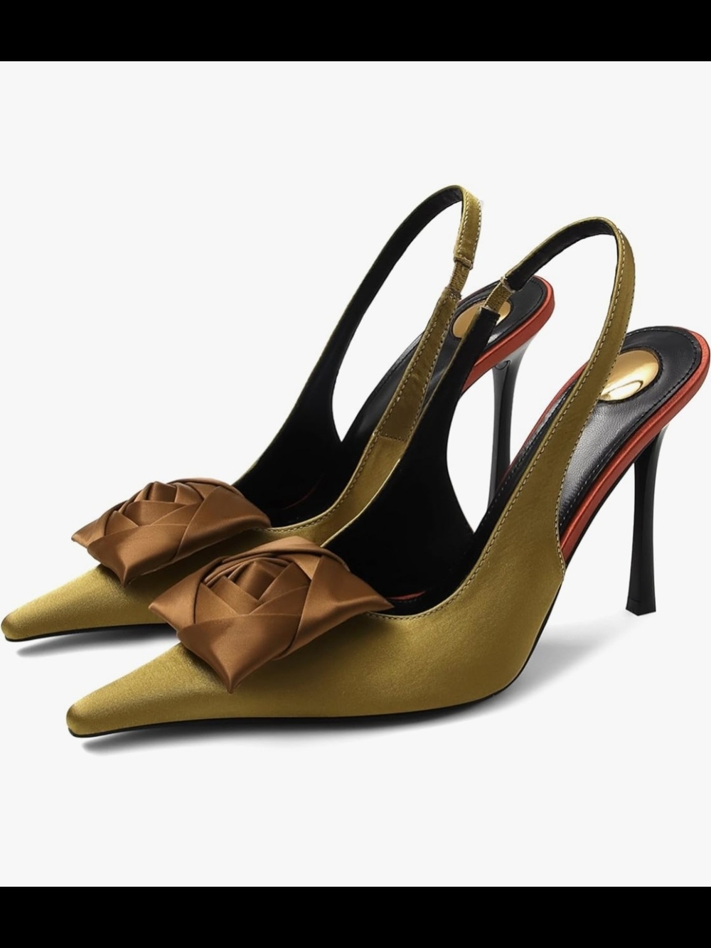 Satin Slingback Pumps with Brown Rose Accent Size 7